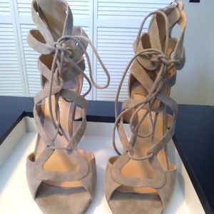 The seller Italy Tan / Taupe / Beige Suede Lace up High Heels Sandals Sz 39